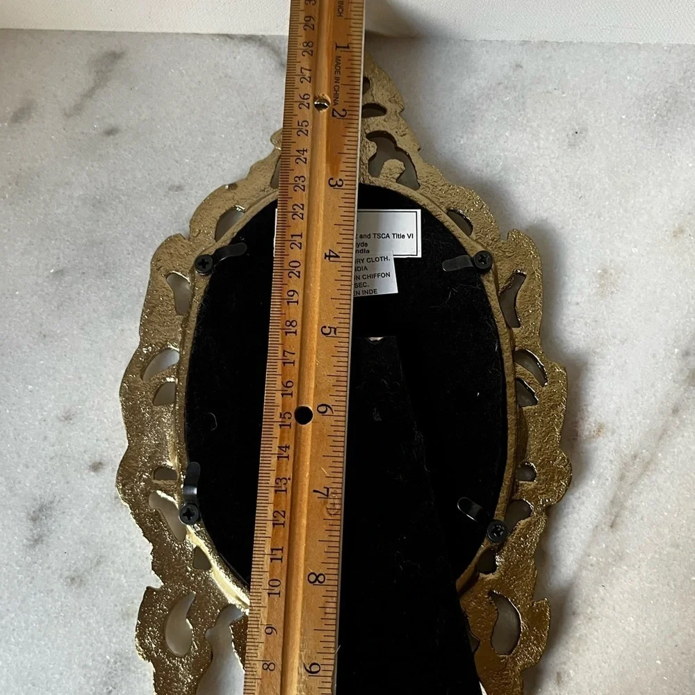 Ornate Vanity Mirror Oval metal Frame Scrollwork Tabletop Stand..